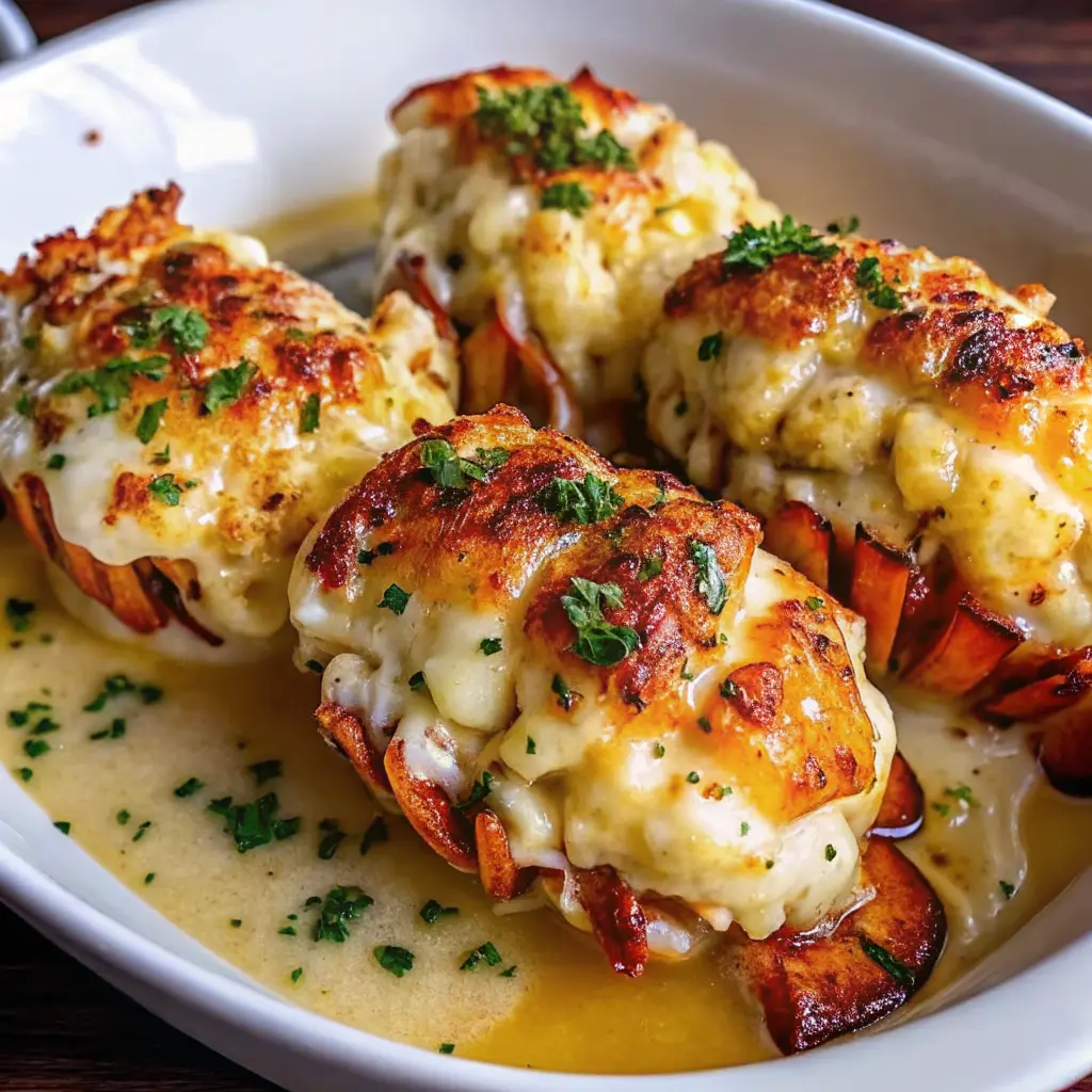 Cheesy baked lobster tails recipe with garlic butter and golden cheese topping