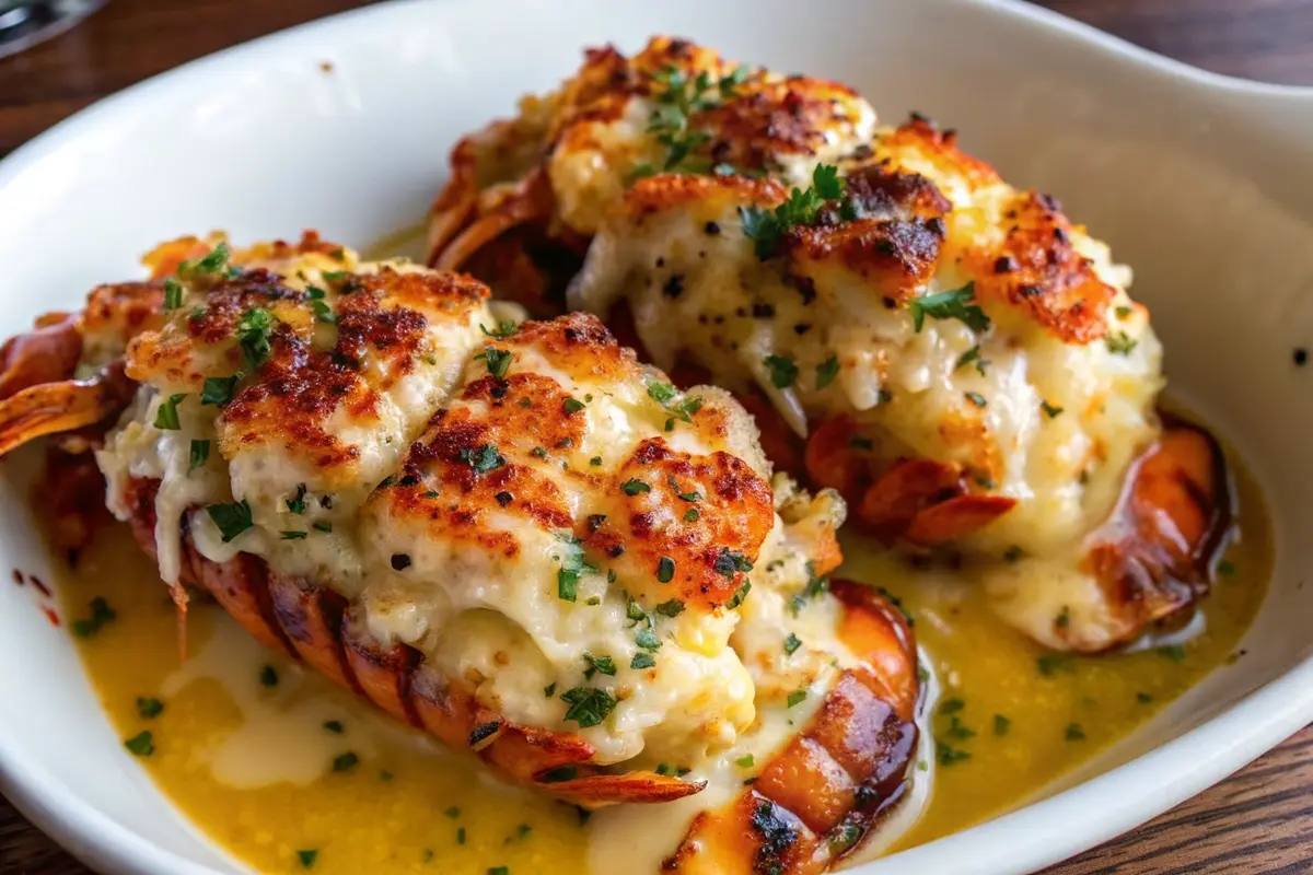 Cheesy Baked Lobster Tails Recipe with garlic butter and golden cheese topping