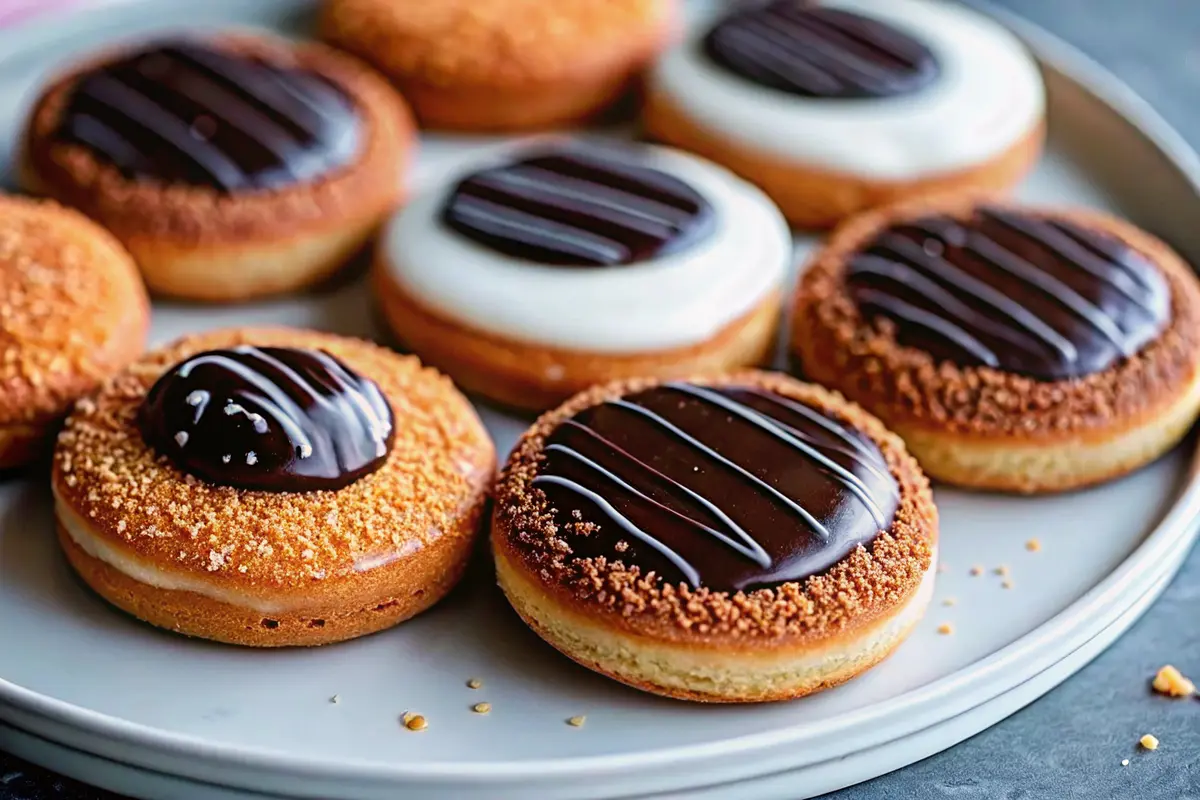 Chocolate-glazed almond cookies on a cooling rack