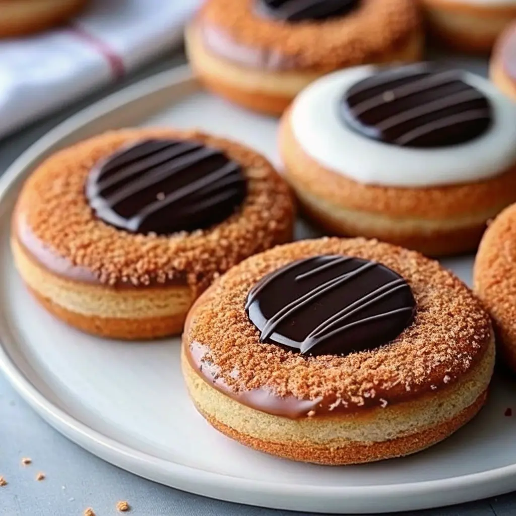 Chocolate-glazed almond cookies on a cooling rack