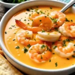 Creamy crab and shrimp seafood bisque Recipe in a bowl topped with fresh herbs