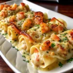 Creamy garlic Parmesan shrimp roll-ups baked until golden