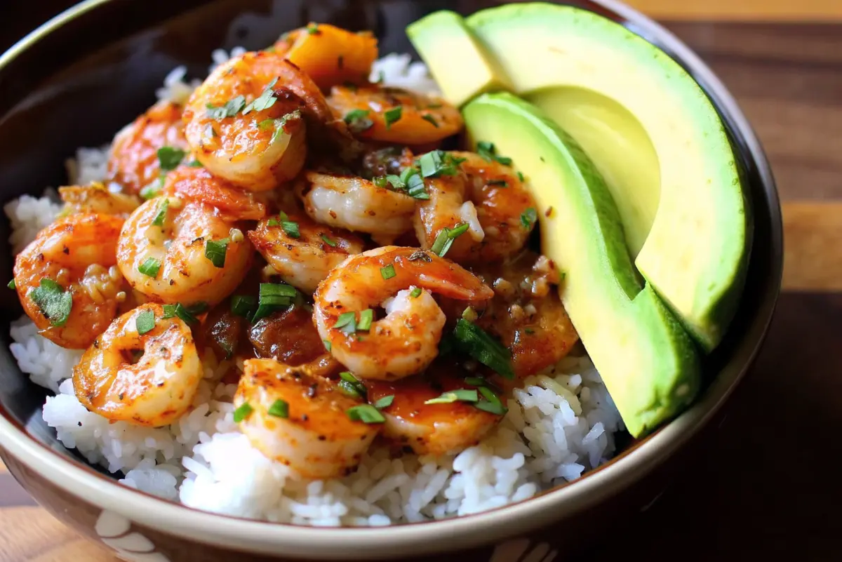 Honey Lime Shrimp with Avocado Rice served in a bowl