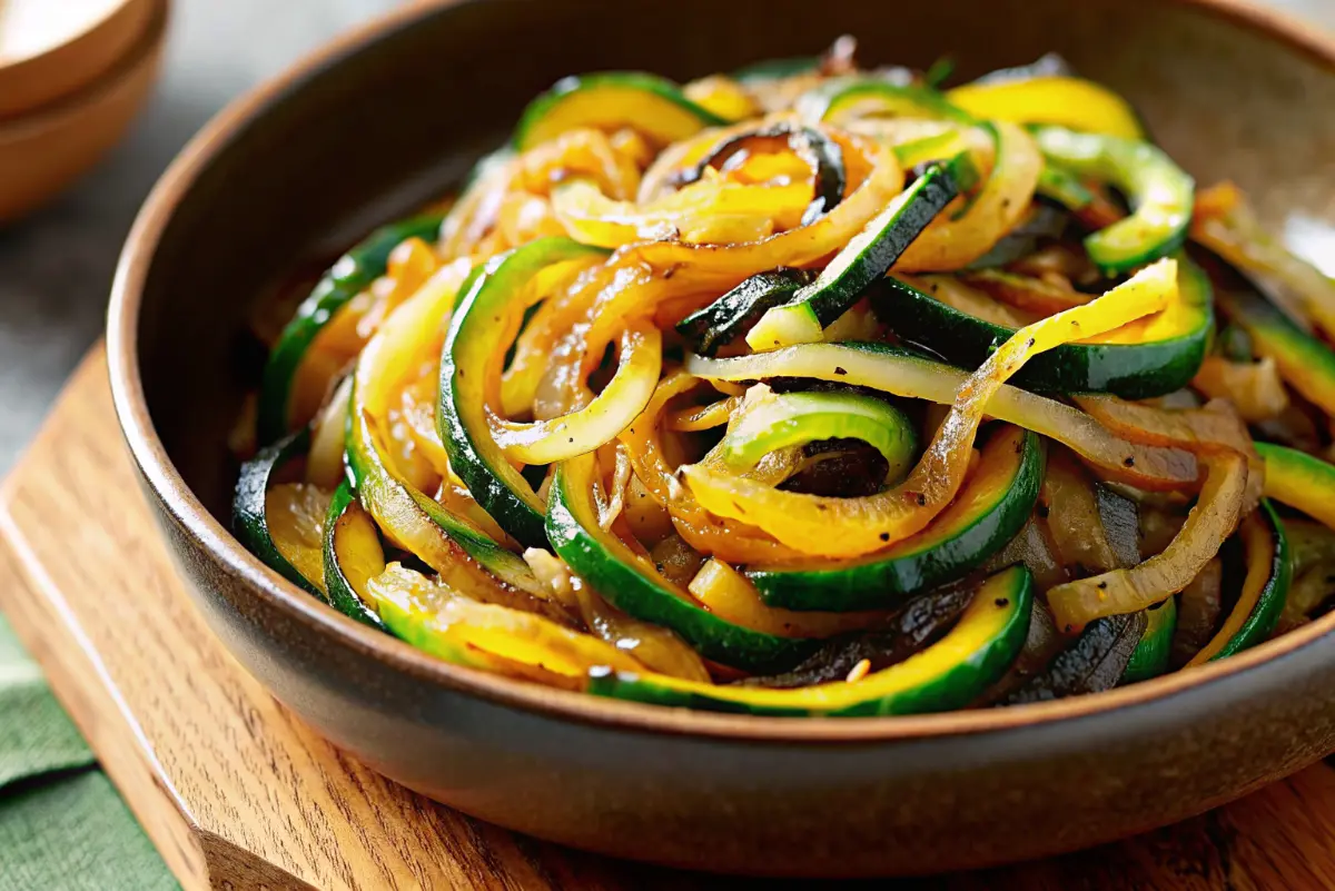 Japanese zucchini onion stir-fry in a skillet