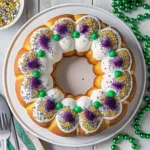 Lazy King Cake with purple, green, and gold sugar glaze