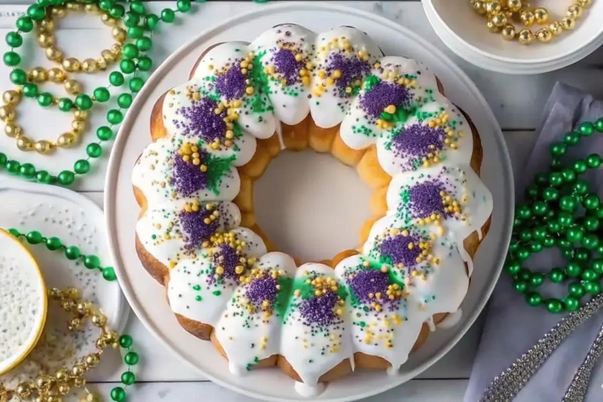 Lazy King Cake with purple, green, and gold sugar glaze