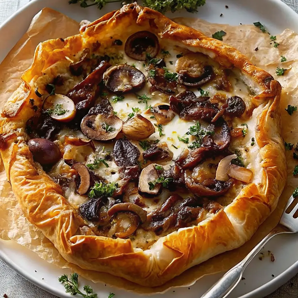 Mushroom and caramelized onion phyllo tart on baking tray