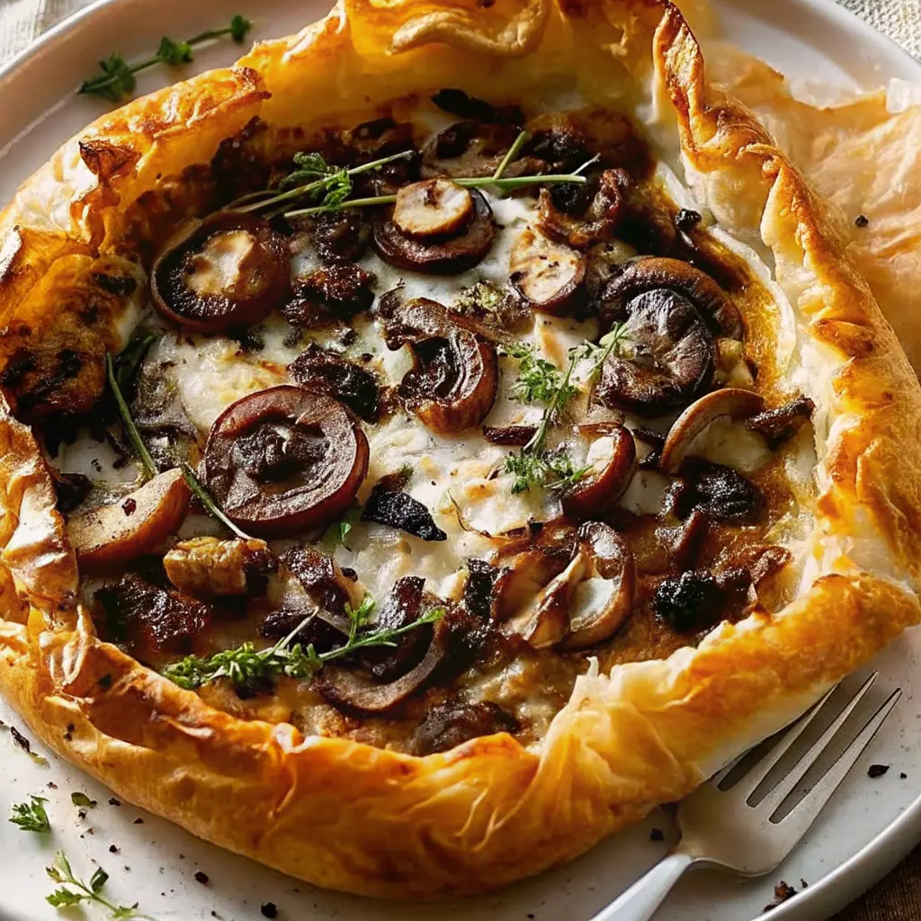 Mushroom and caramelized onion phyllo tart on baking tray