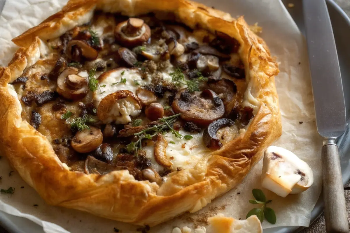 Mushroom and caramelized onion phyllo tart on baking tray