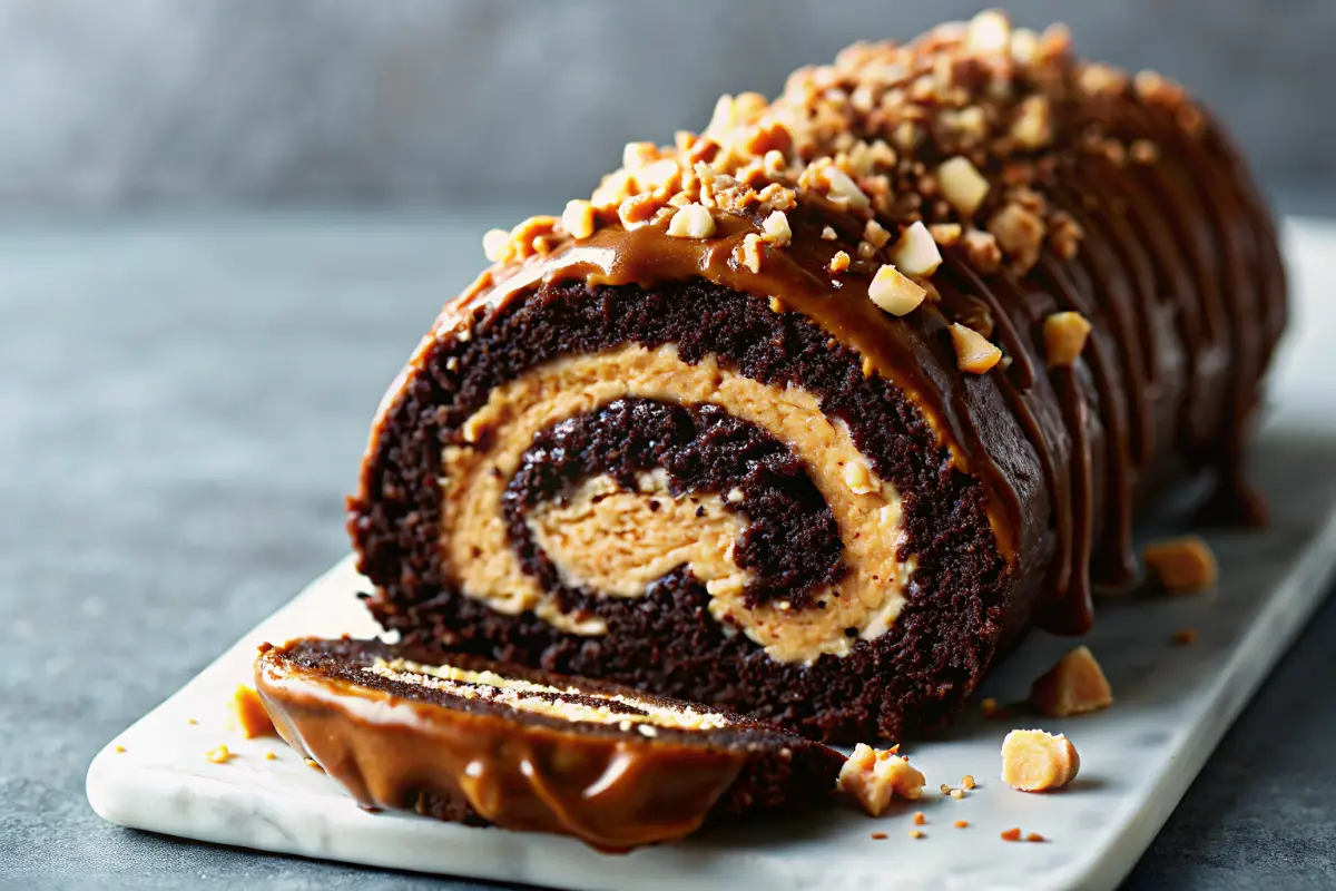 Peanut Butter Cup Chocolate Roll Cake slice with chocolate ganache