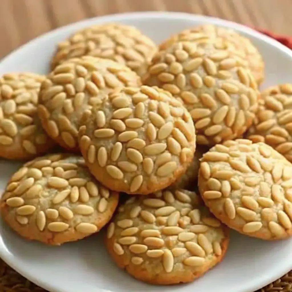 Pignoli Cookies coated in pine nuts on a baking tray
