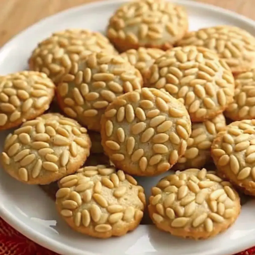 Pignoli Cookies coated in pine nuts on a baking tray