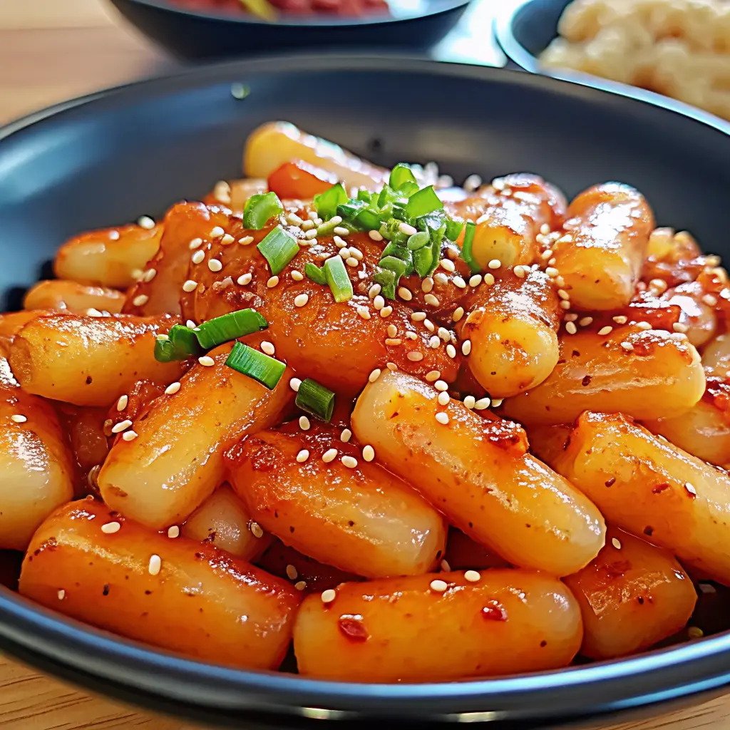 Spicy Korean rice cakes (tteokbokki) in red gochujang sauce with fish cakes and green onions