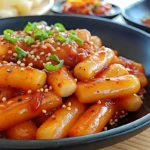 Spicy Korean rice cakes (tteokbokki) in red gochujang sauce with fish cakes and green onions