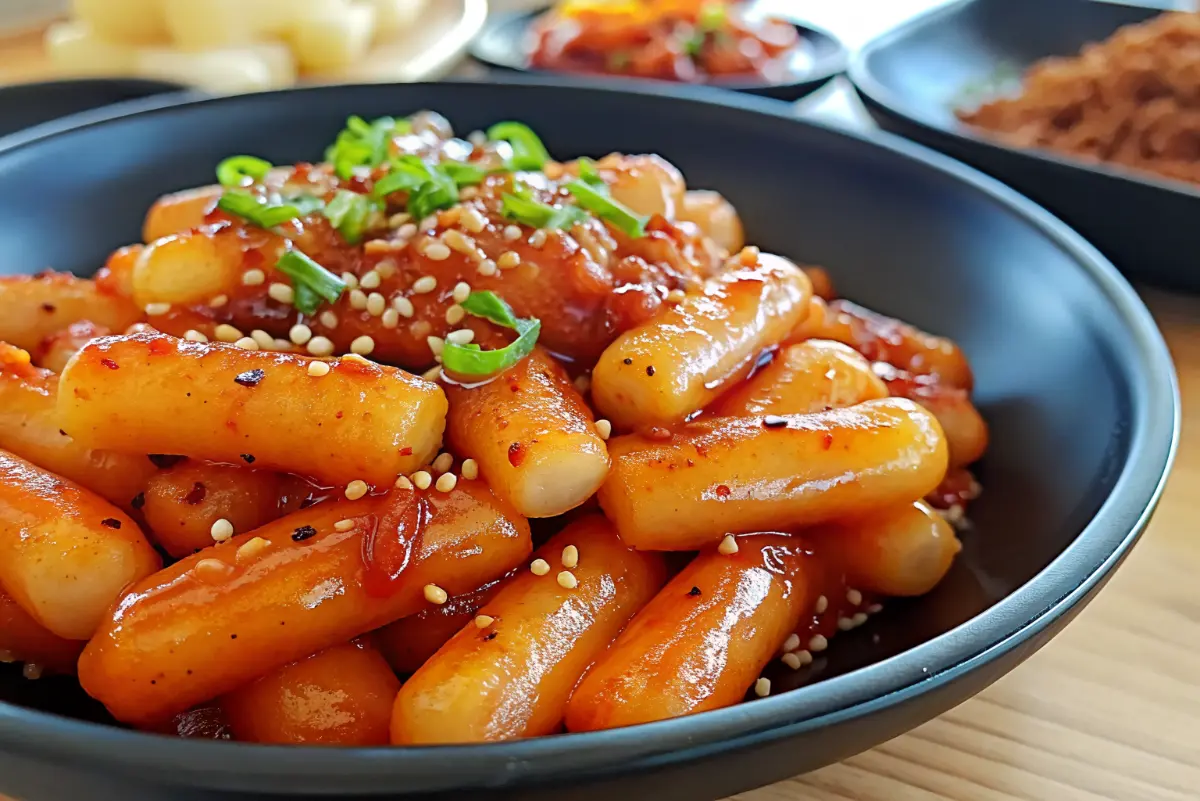 Spicy Korean rice cakes (tteokbokki) in red gochujang sauce with fish cakes and green onions