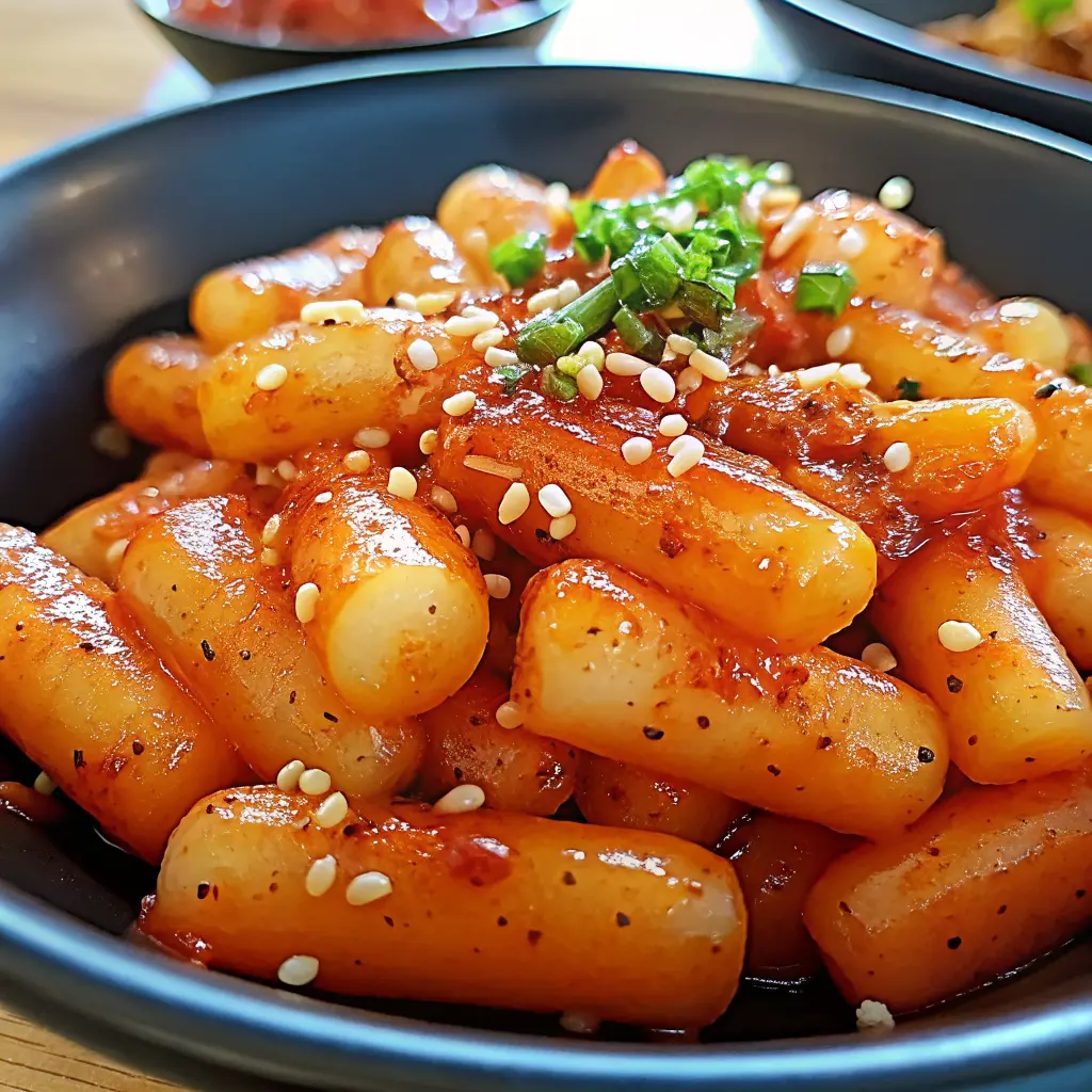 Spicy Korean rice cakes (tteokbokki) in red gochujang sauce with fish cakes and green onions