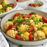 Sautéed cauliflower with tomatoes in a skillet