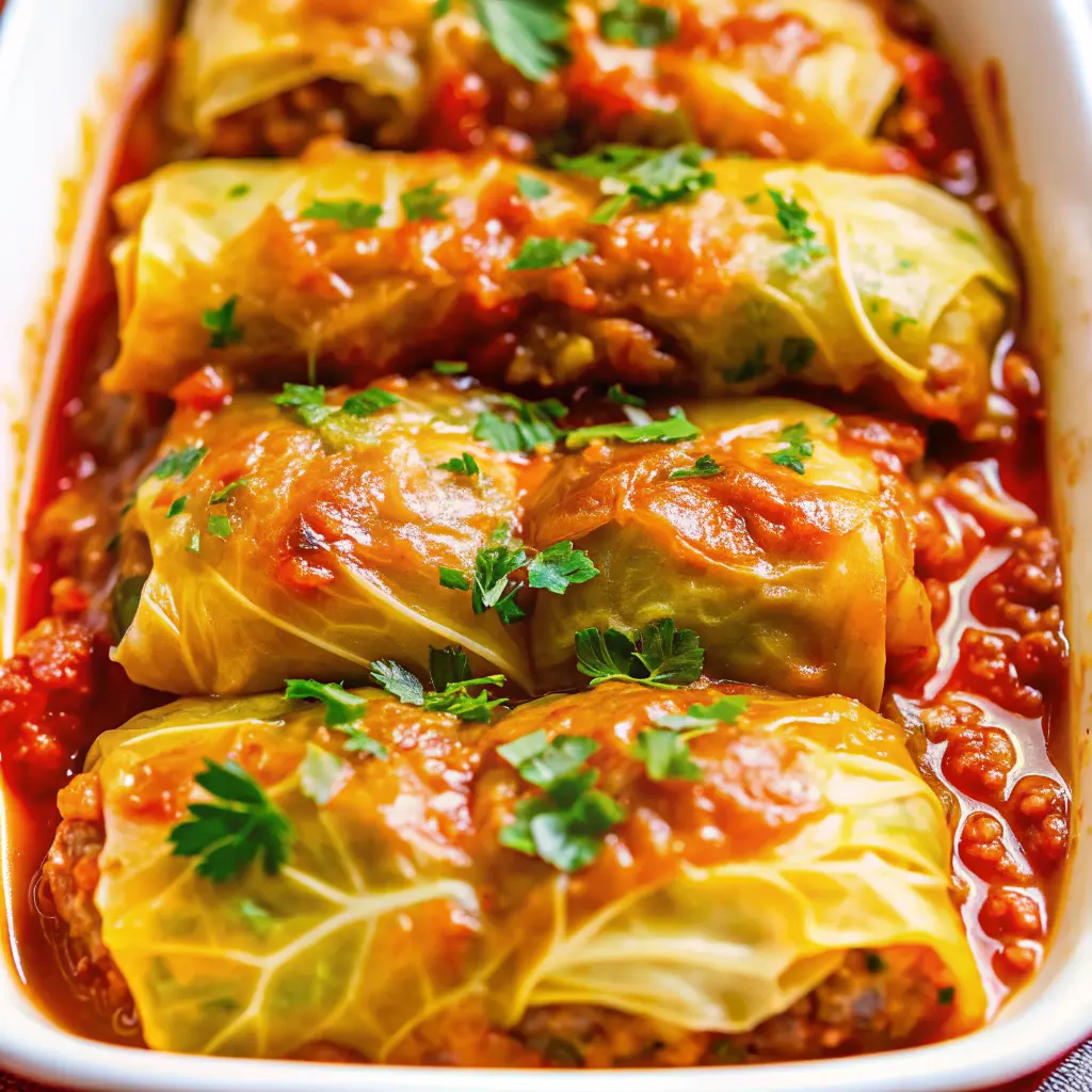 Stuffed Cabbage Rolls recipe in tomato sauce in a baking dish