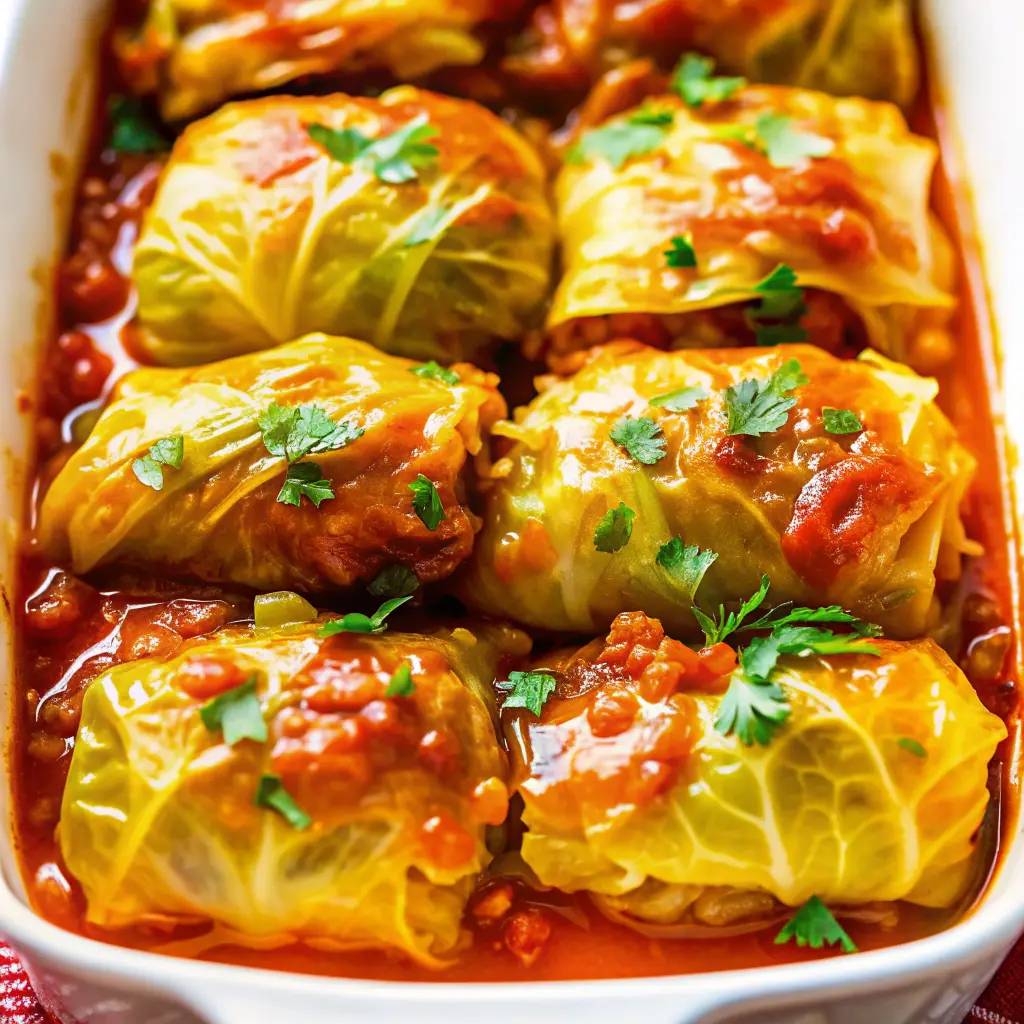 Stuffed Cabbage Rolls recipe in tomato sauce in a baking dish