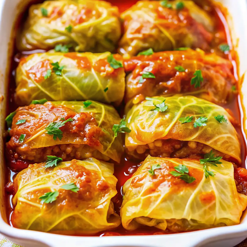 Stuffed Cabbage Rolls recipe in tomato sauce in a baking dish