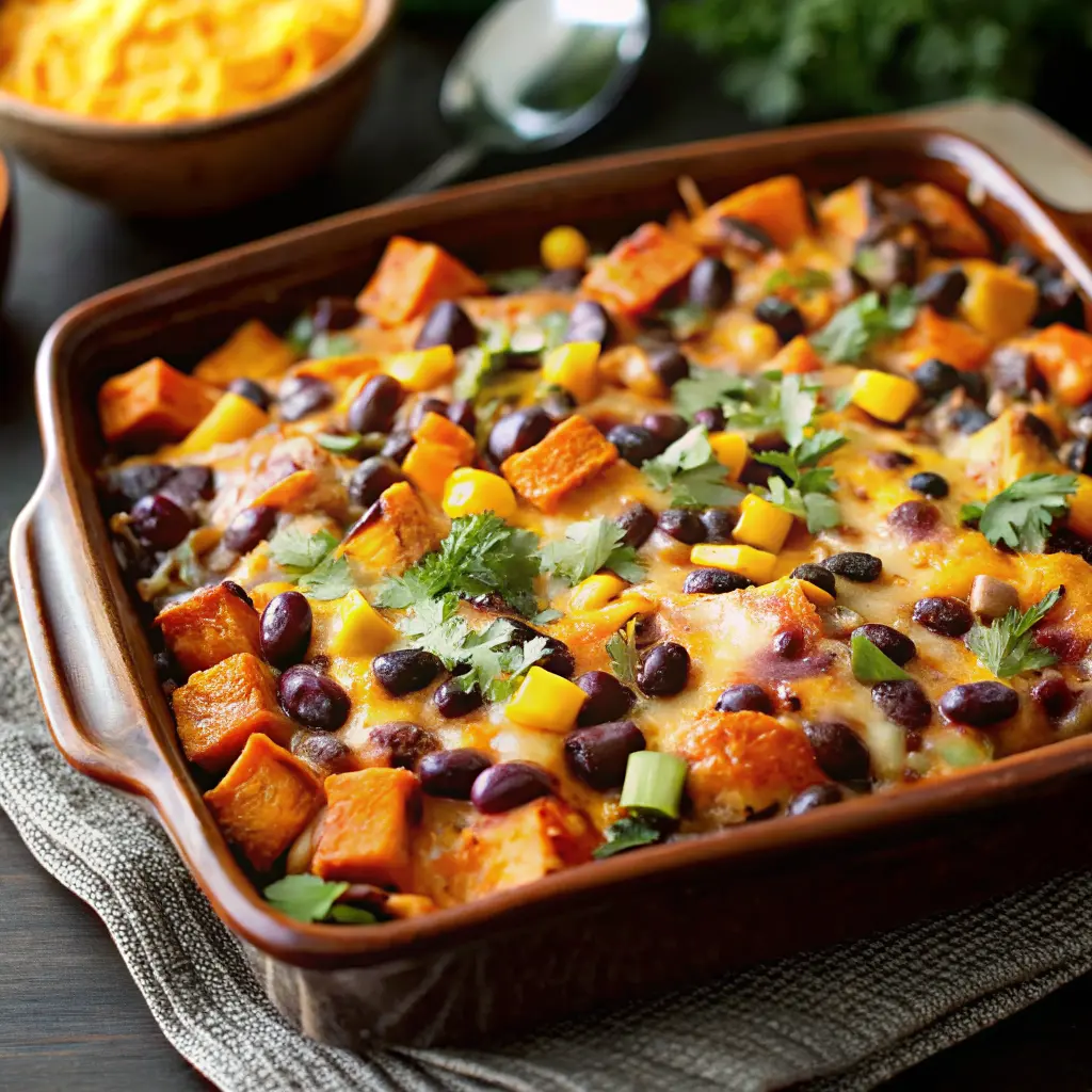 Sweet Potato and Black Bean Casserole in a baking dish
