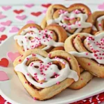 Sweetheart cinnamon rolls arranged in a heart-shaped pan with pink icing and Valentine sprinkles.
