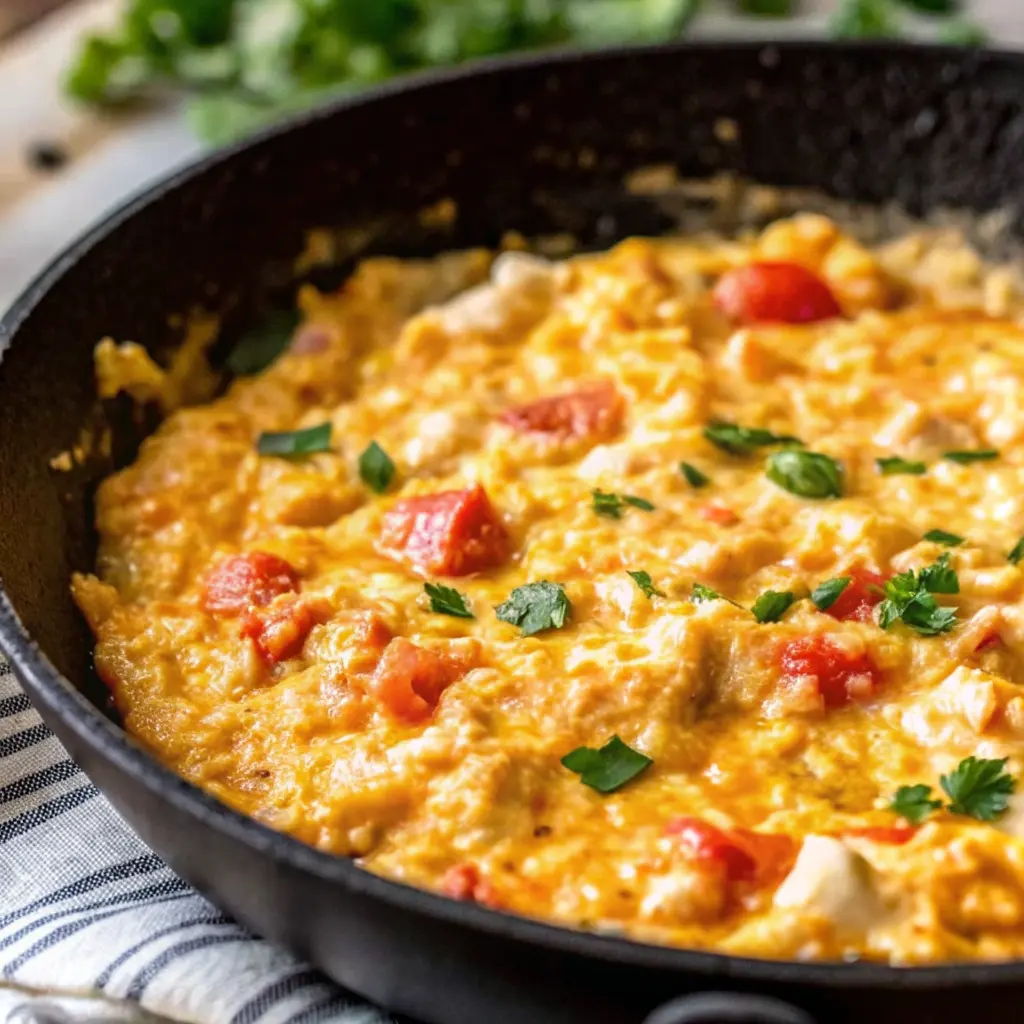 Turkish scrambled eggs menemen in a pan with tomatoes and green peppers
