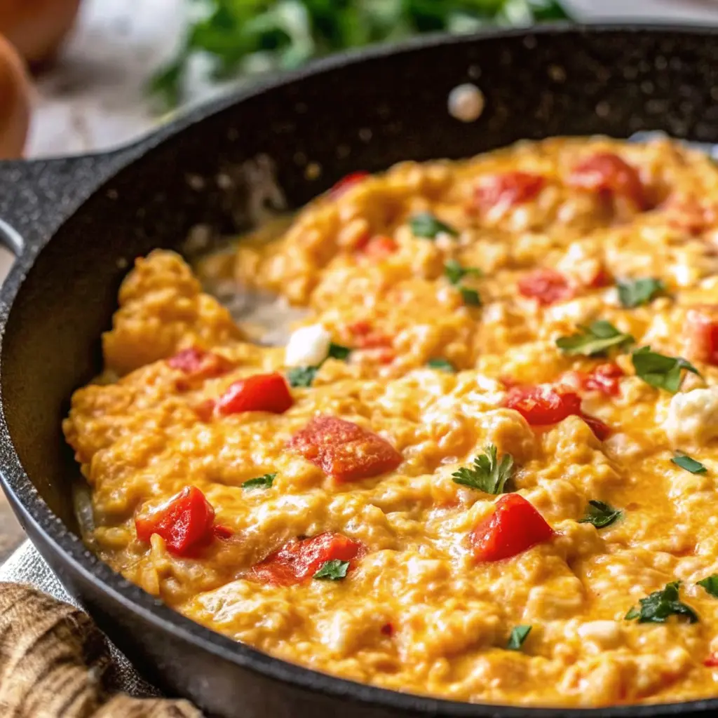Turkish scrambled eggs menemen in a pan with tomatoes and green peppers