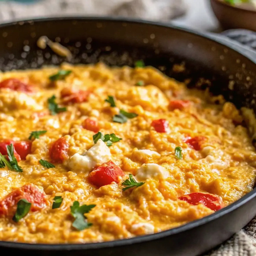 Turkish scrambled eggs menemen in a pan with tomatoes and green peppers