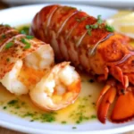 Butter-Basted Lobster & Seared Scallops Butter-basted lobster served with golden seared scallops on a plate