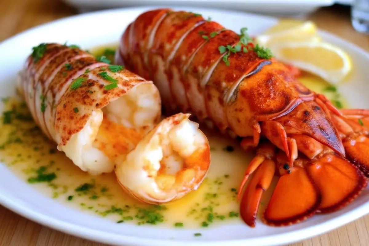 Butter-Basted Lobster & Seared Scallops Butter-basted lobster served with golden seared scallops on a plate
