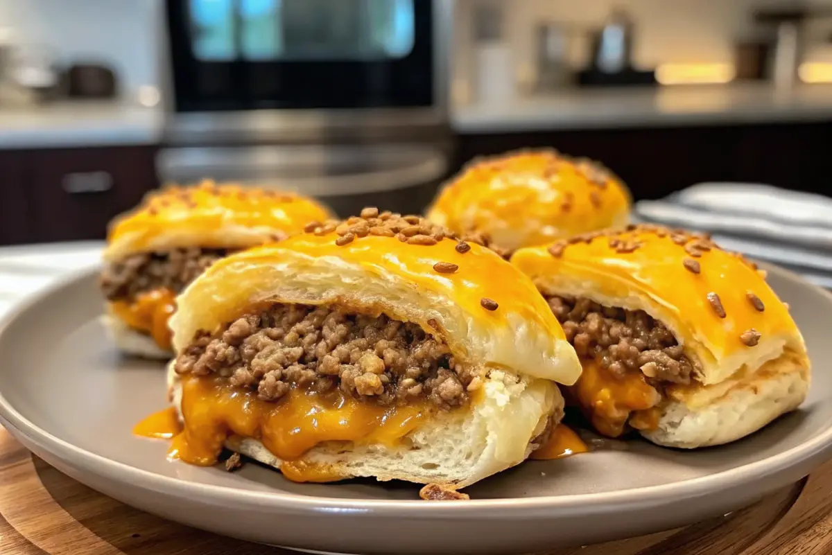 Golden cheesy beef biscuit bombs fresh from the oven