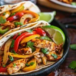 Chicken fajitas with bell peppers and onions in a sizzling skillet