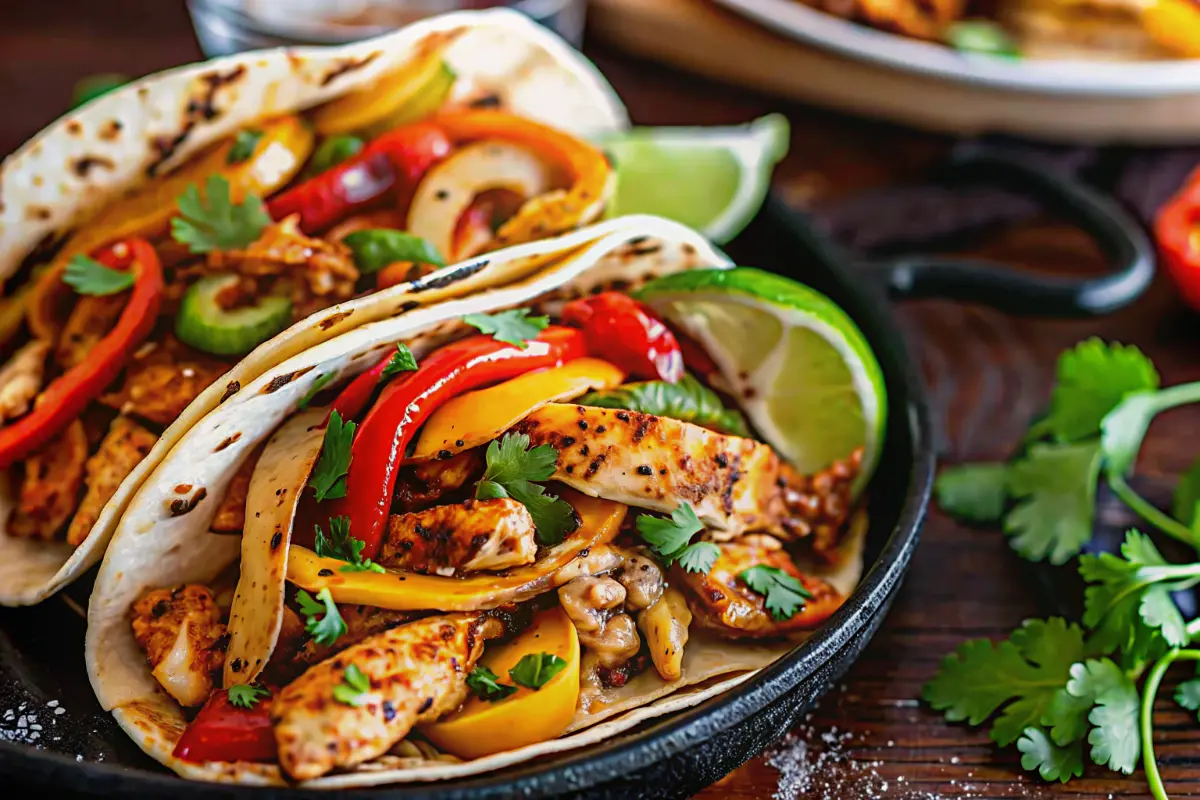 Chicken fajitas with bell peppers and onions in a sizzling skillet