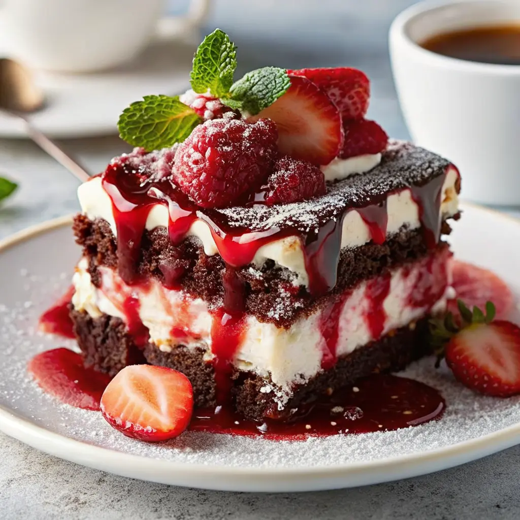 Decadent chocolate strawberry cheesecake slice topped with ganache and fresh strawberries