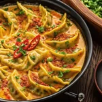 Crispy Baked Potstickers with Creamy Thai Curry Sauce