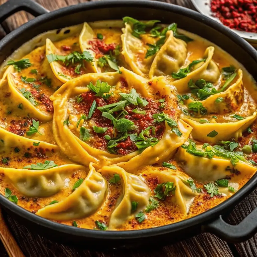 Crispy Baked Potstickers with Creamy Thai Curry Sauce