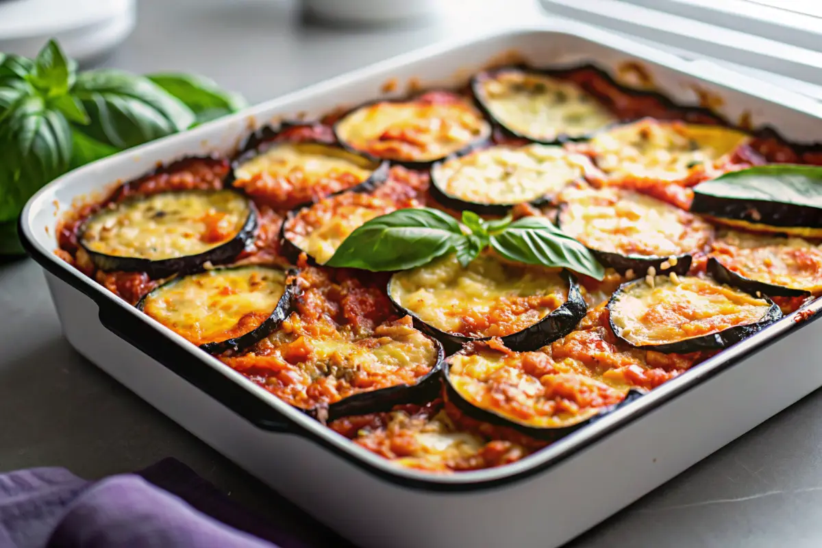 Eggplant Ricotta Casserole Recipe baked with melted mozzarella and marinara