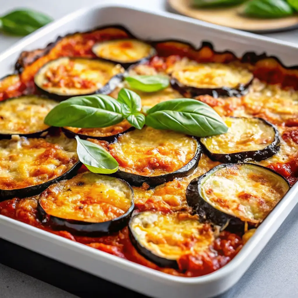 Eggplant Ricotta Casserole Recipe baked with melted mozzarella and marinara