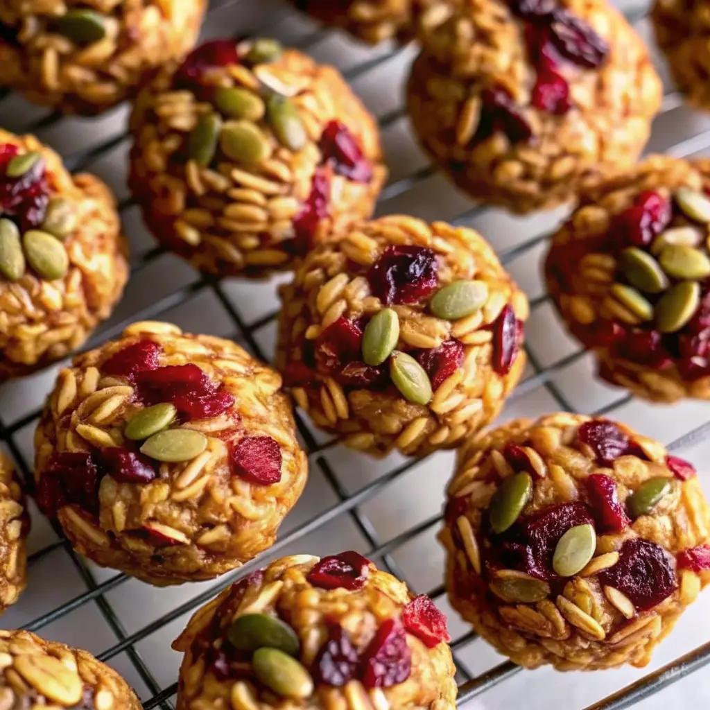 Freshly baked energy cookies stacked on a cooling rack
