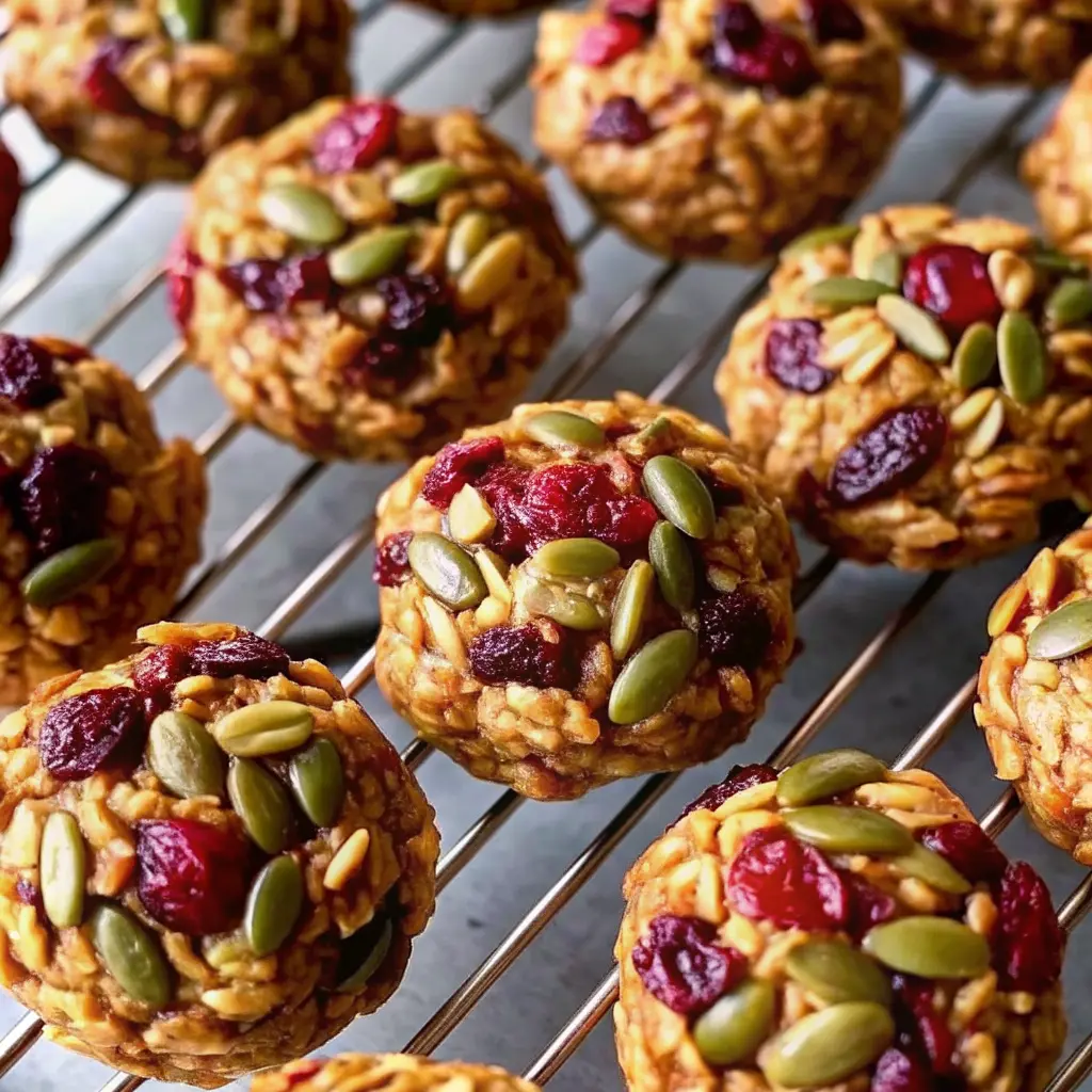 Freshly baked energy cookies stacked on a cooling rack