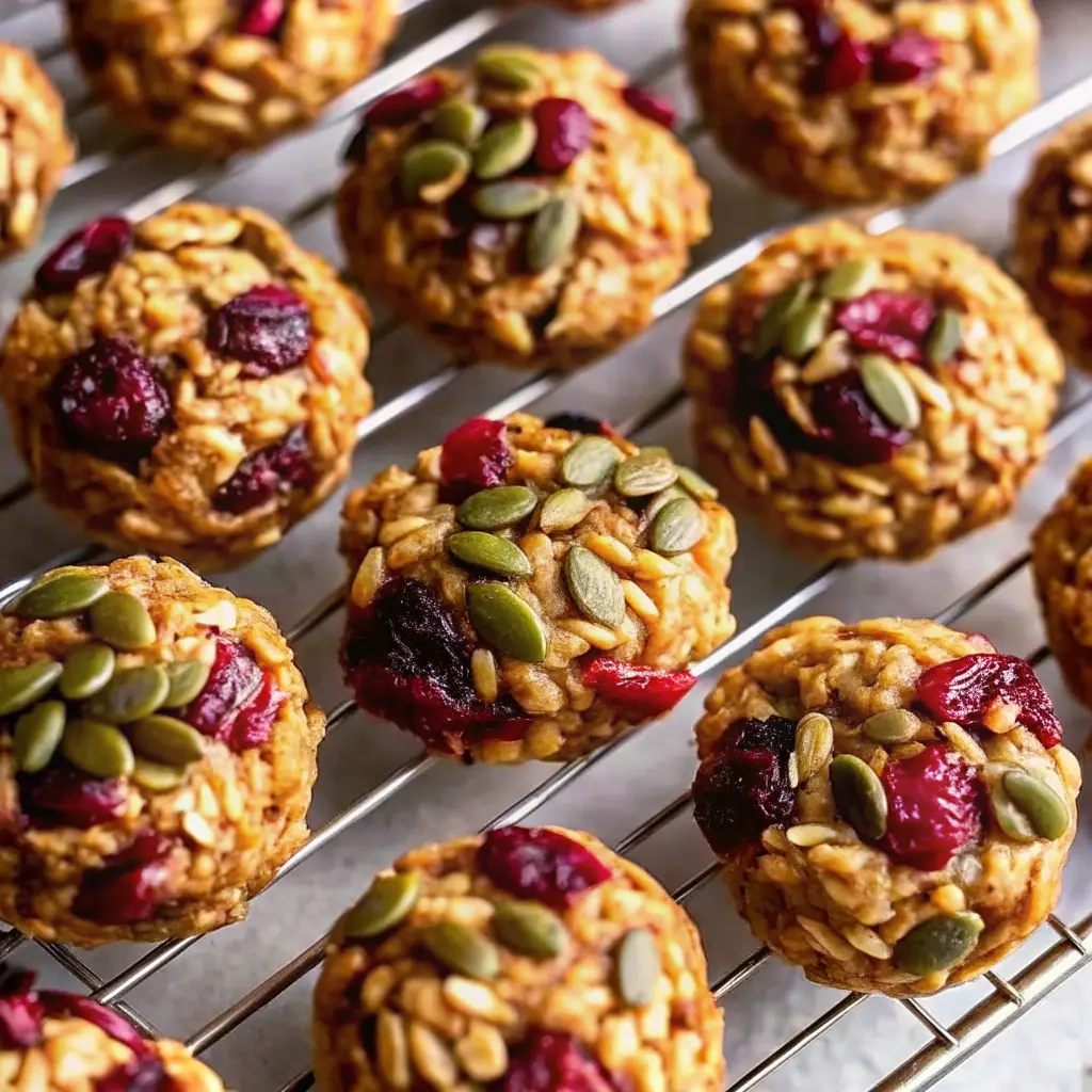 Freshly baked energy cookies stacked on a cooling rack