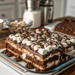 Hot cocoa poke cake topped with marshmallows and chocolate drizzle