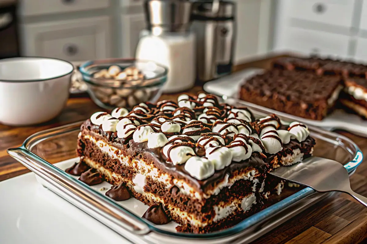Hot cocoa poke cake topped with marshmallows and chocolate drizzle