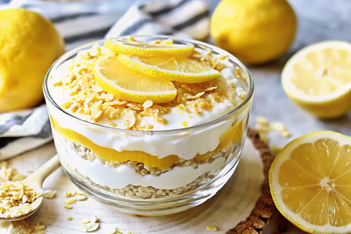 Creamy lemon cheesecake overnight oats in a glass jar topped with lemon zest