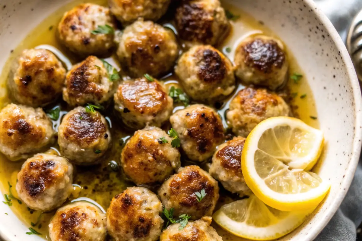 Lemon Garlic Chicken Meatballs with Caper Sauce in skillet