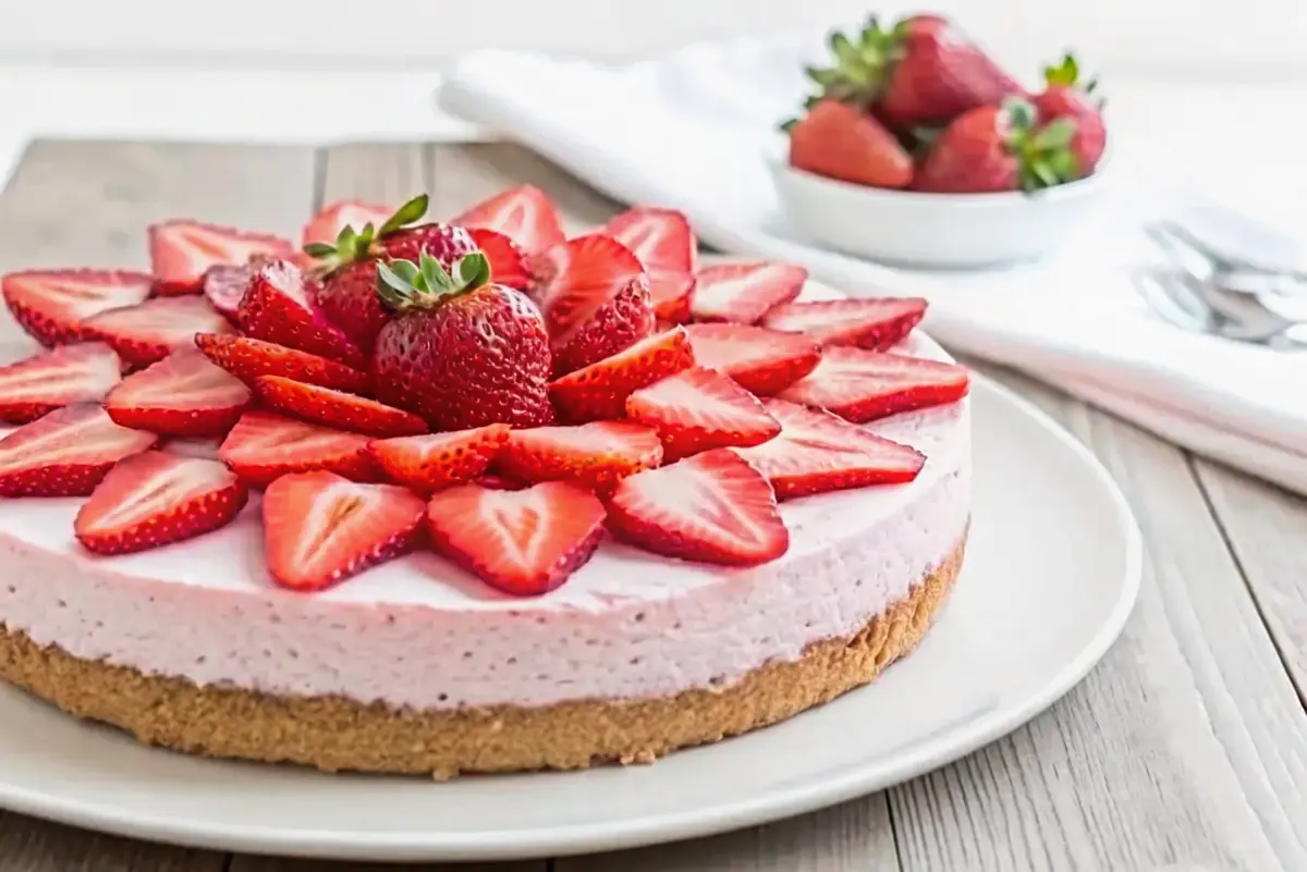 No bake strawberry cheesecake with creamy filling and fresh strawberry topping