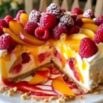 Raspberry peach cheesecake with fresh fruit topping