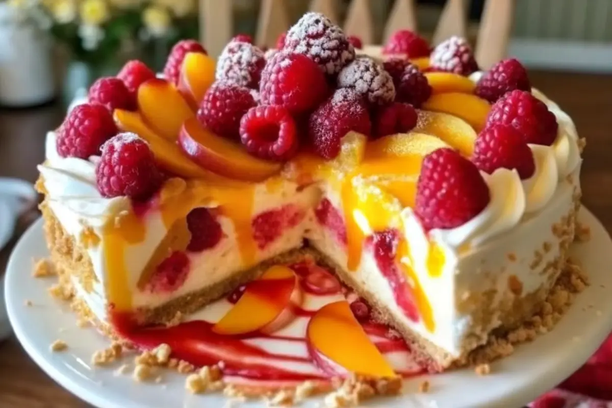 Raspberry peach cheesecake with fresh fruit topping