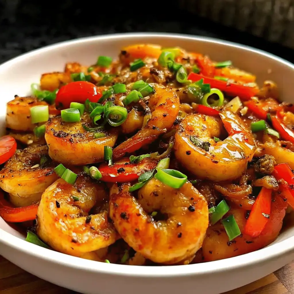 shrimp and pepper stir-fry recipe served in a skillet